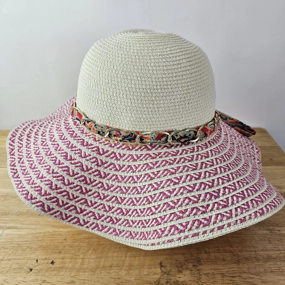 Womens Gold Chain Band Paisley Scarf Boho Straw Beach Sun Panama Hat White Pink‎